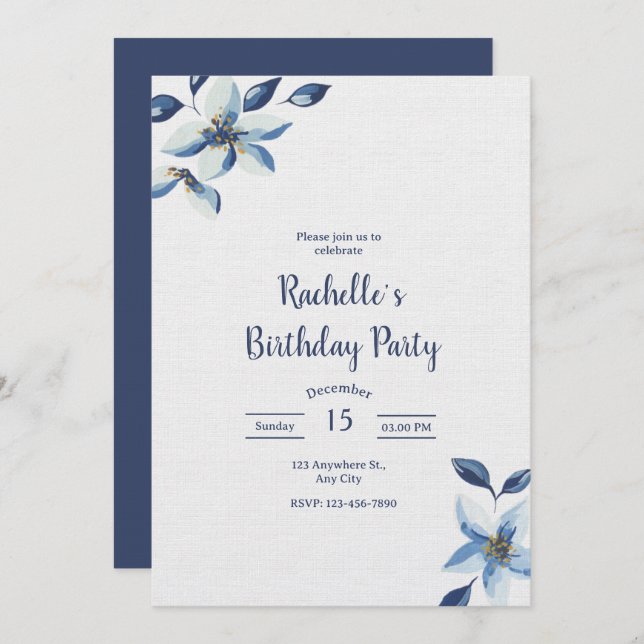 Elegant Blue Floral Birthday Invite, Boho Birthday Invitation (Front/Back)