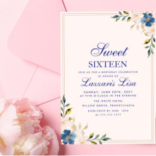 Elegant Blue Floral Birthday Party Sweet Sixteen Invitation
