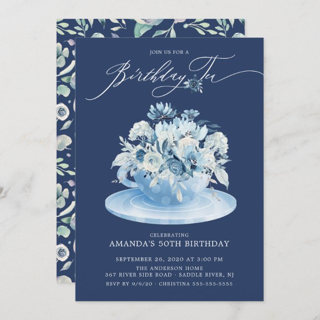Elegant Blue Floral Birthday Tea Invitation (Front/Back)