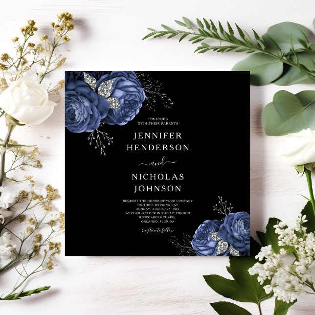 Elegant Blue Floral Black Wedding Invitation (Elegant Blue Floral Black Wedding Invitation)