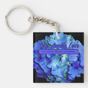 Elegant blue floral blue roses blue hydrangeas key ring