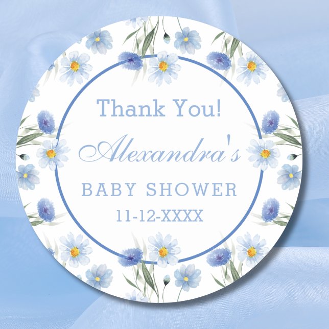 Elegant Blue Floral Boho Baby Shower Thank You Classic Round Sticker (Creator Uploaded)