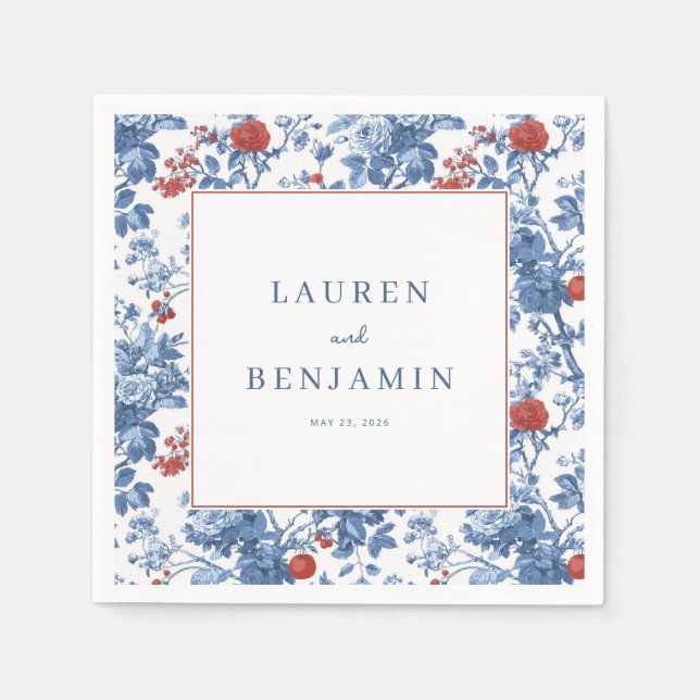 Elegant Blue Floral Border Napkin (Front)