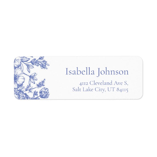 Elegant Blue Floral Botanical Return Address Label (Front)