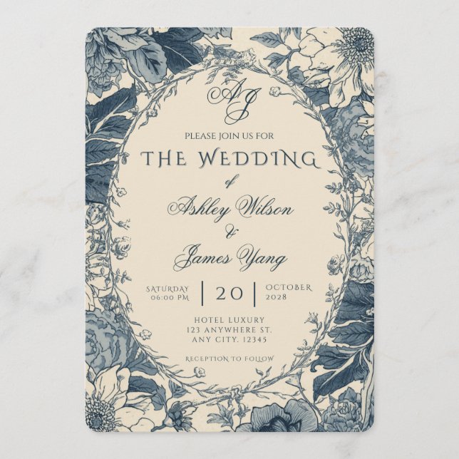 Elegant Blue Floral Botanical Wedding Invitation (Front)