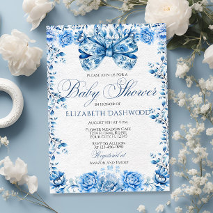 Elegant Blue Floral Bow Chic Toile Baby Shower Invitation