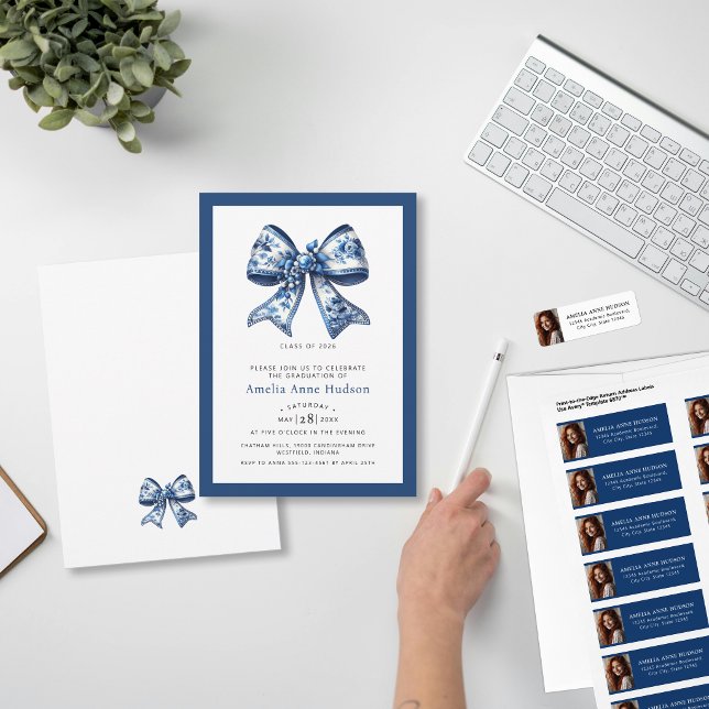 Elegant Blue Floral Bow Photo Graduation Party Invitation (Creator Uploaded)