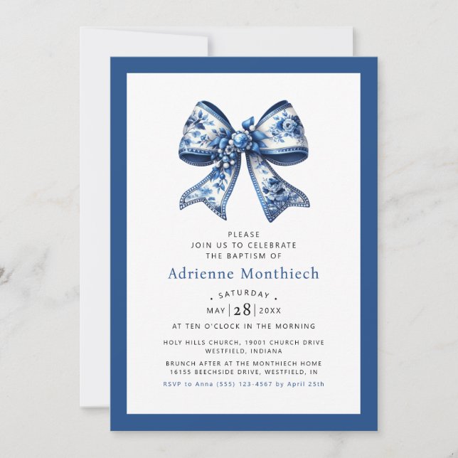 Elegant Blue Floral Bow Ribbon Baptism Invitation (Front)