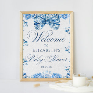 Elegant Blue Floral Bow Toile Calligraphy Welcome Poster