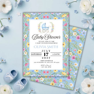Elegant Blue Floral boy Baby Shower Invitation