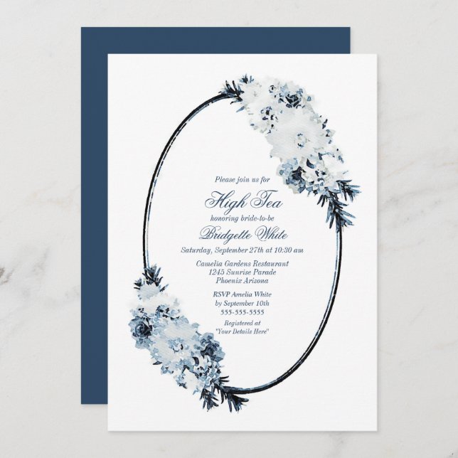 Elegant Blue Floral Bridal High Tea Invitation (Front/Back)