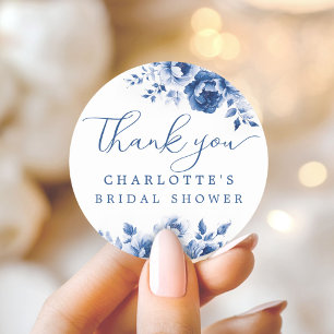 Elegant Blue Floral Bridal Shower Classic Round Sticker