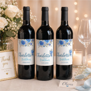 Elegant Blue Floral Bridal Shower Food & Beverage Wine Label
