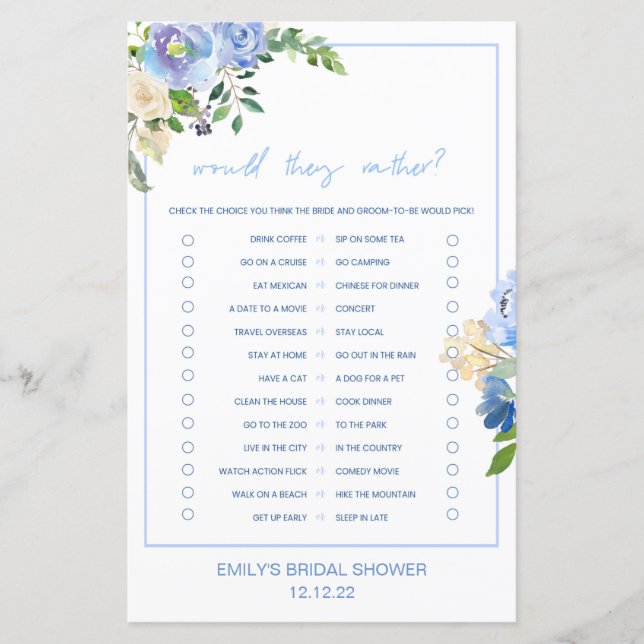 Elegant Blue Floral Bridal Shower Game Printed (Front)