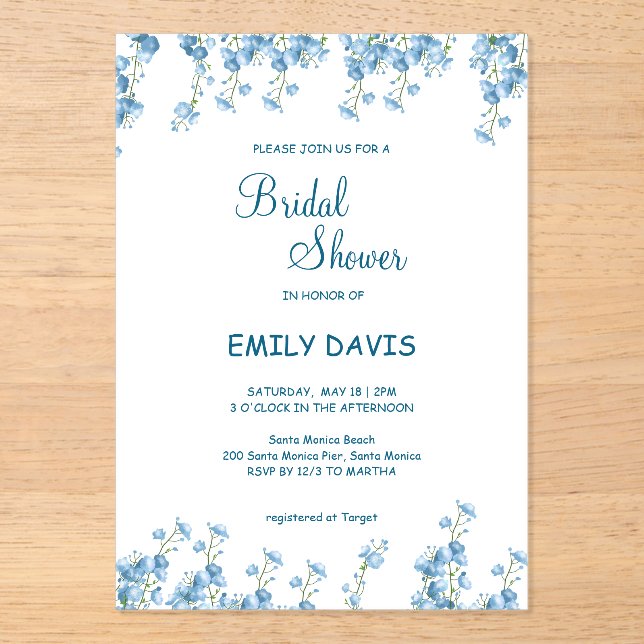 Elegant Blue Floral Bridal Shower Invitation (Front)