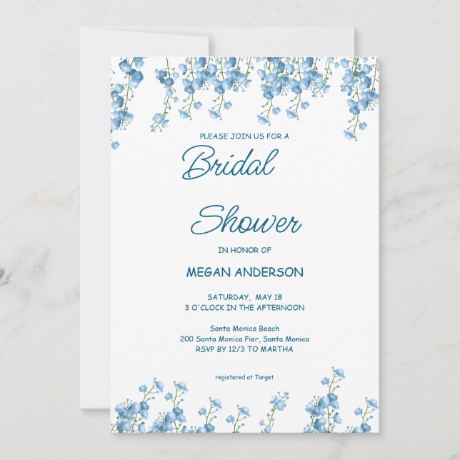 Elegant Blue Floral Bridal Shower Invitation (Front)