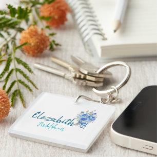 Elegant Blue Floral Bridal Shower Key Ring