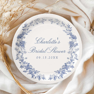 Elegant Blue Floral Bridal Shower Paper Plate