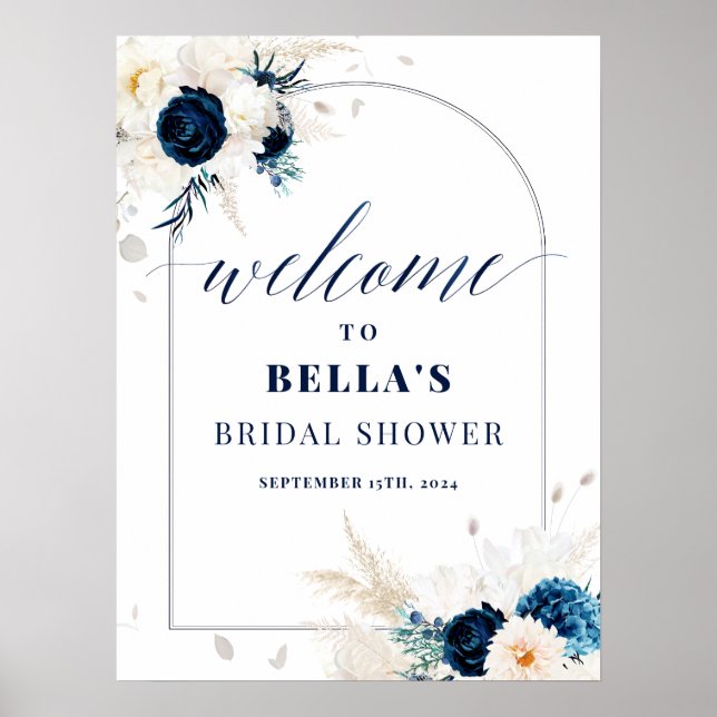 Elegant Blue Floral Bridal Shower Welcome Poster (Front)