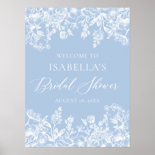 Elegant Blue Floral Bridal Shower Welcome Sign (Front)