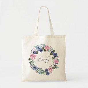 Elegant Blue Floral Bridesmaid Monogram Name  Tote Bag