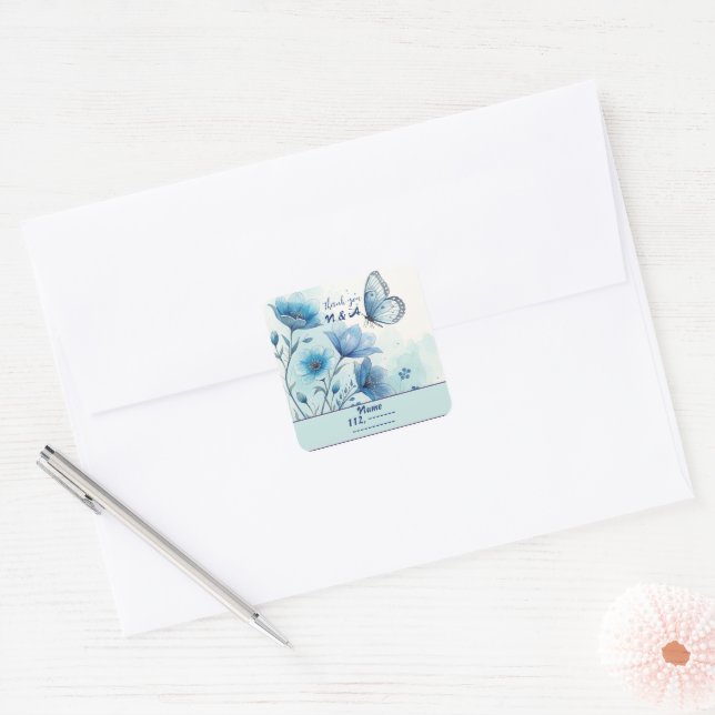 Elegant Blue Floral & Butterfly Custom  Square Sticker (Envelope)