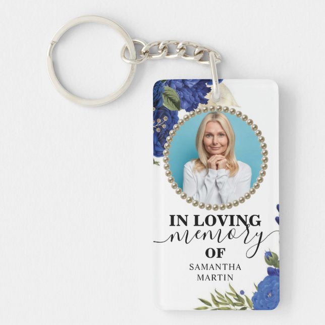 Elegant Blue Floral Celebration of life Gift Key Ring (Front)