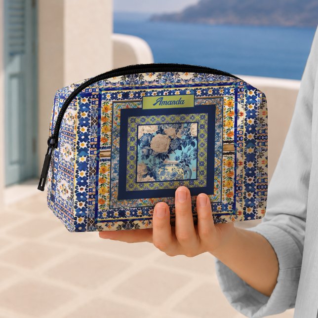 Elegant Blue Floral Chinoiserie Tile Monogram Dopp Kit (Creator Uploaded)