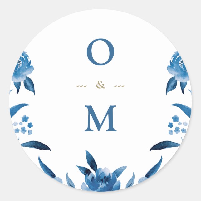 Elegant blue floral Chinoiserie Wedding monogram Classic Round Sticker (Front)