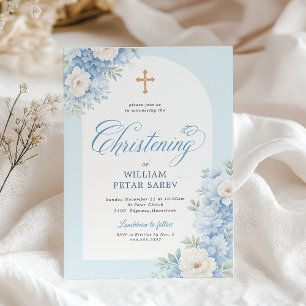 Elegant Blue Floral Christening Invitation with Cr