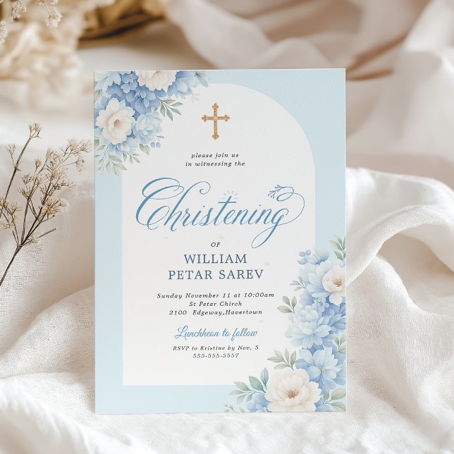 Elegant Blue Floral Christening Invitation with Cr (Elegant blue floral christening invitation with a cross.)