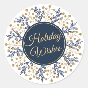 Elegant Blue Floral Christmas Holiday Wishes Classic Round Sticker