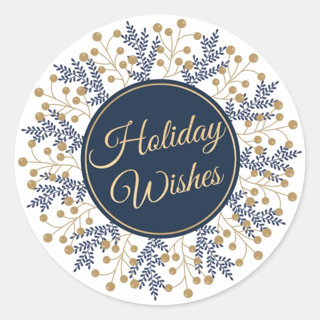 Elegant Blue Floral Christmas Holiday Wishes Classic Round Sticker (Front)
