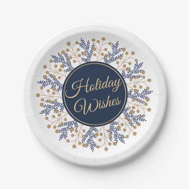 Elegant Blue Floral Christmas Holiday Wishes Paper Plate (Front)