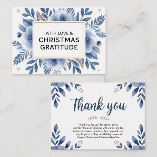 “Elegant Blue Floral Christmas Thank You Card –  (Front/Back)