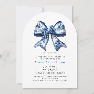 Elegant Blue Floral Coquette Bow Graduation Party Invitation