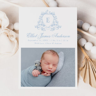Elegant Blue Floral Crest Monogram 4 Photo Birth Announcement