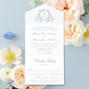 Elegant Blue Floral Crest Monogram Wedding  All In One Invitation