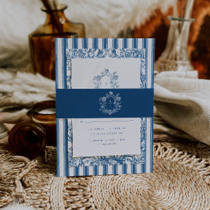 Elegant Blue Floral Crest Monogram Wedding Invite Invitation Belly Band