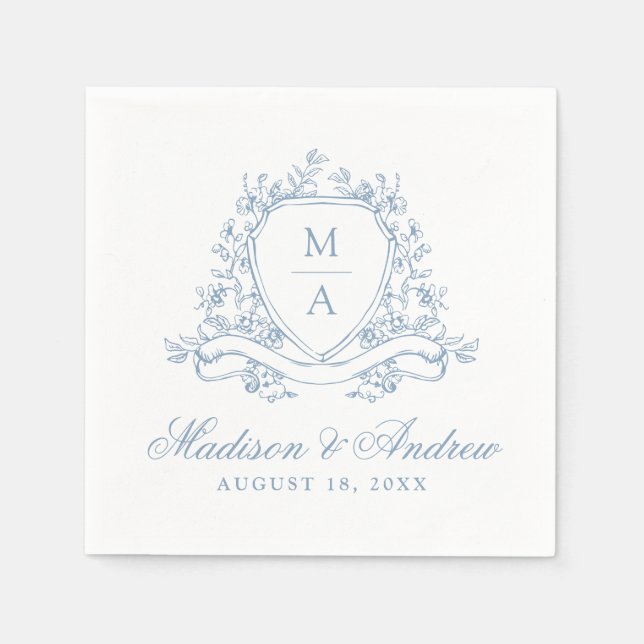 Elegant Blue Floral Crest Monogram Wedding Napkin (Front)