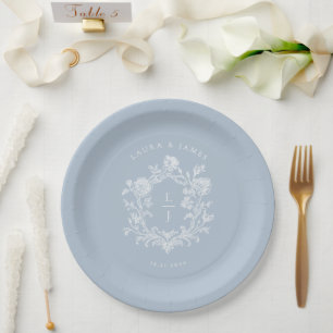 Elegant Blue Floral Crest Monogram Wedding Paper Plate