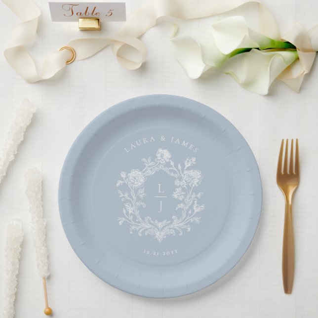Elegant Blue Floral Crest Monogram Wedding Paper Plate (Wedding)