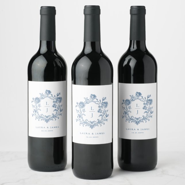 Elegant Blue Floral Crest Monogram Wedding Wine Label (Bottles)