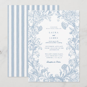 Elegant Blue Floral Crest Striped Back Wedding Invitation