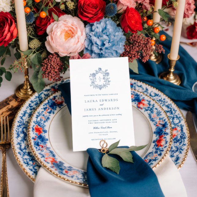 Elegant Blue Floral Crest Striped Back Wedding Invitation (Creator Uploaded)