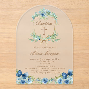 Elegant Blue Floral Cross Baptism Invitation