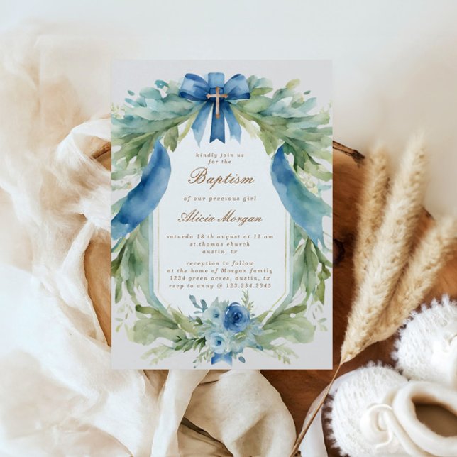 Elegant Blue Floral Cross Baptism Invitation (Creator Uploaded)
