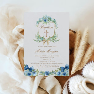Elegant Blue Floral Cross Baptism Invitation