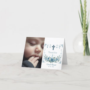 Elegant Blue Floral Cross Baptism Thank You Card