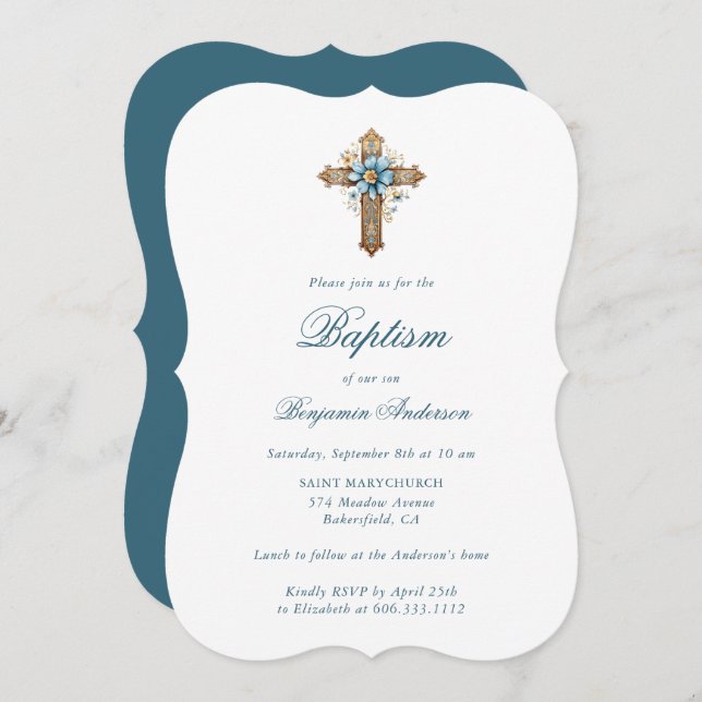 Elegant Blue Floral Cross Boy Baptism Invitation (Front/Back)